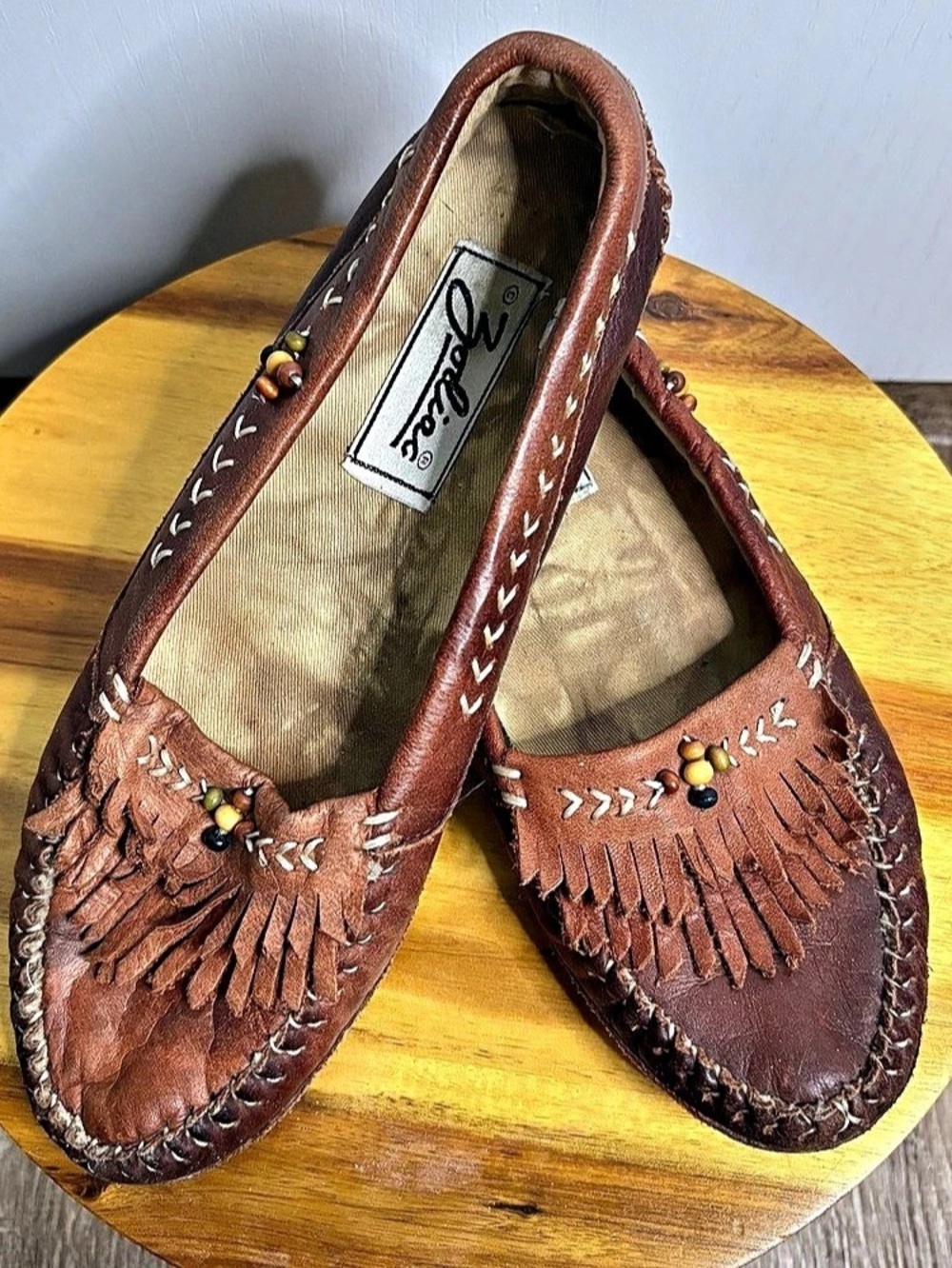 Zodiac Sz 8.5 Brown Leather Wood Beaded Fringe Moccasins Boho Western Festival